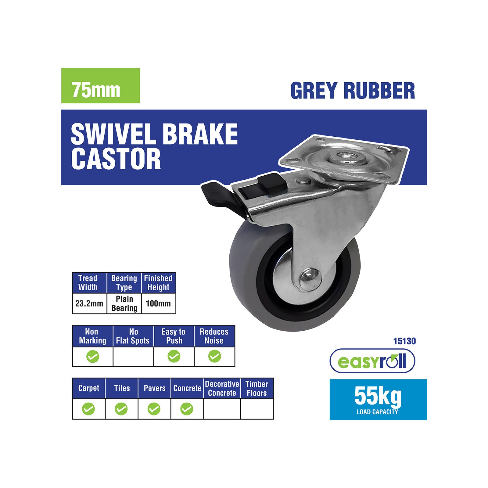 Easyroll 75mm Grey Rubber Swivel Plate Castor with Brake, 55kg Load
