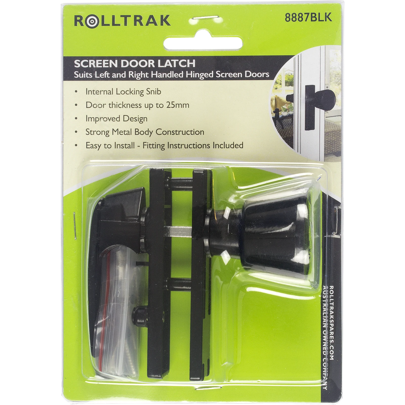 Rolltrak Black Screen Door Hinged Latch - Double-Sided, Lockable, Powder Coated