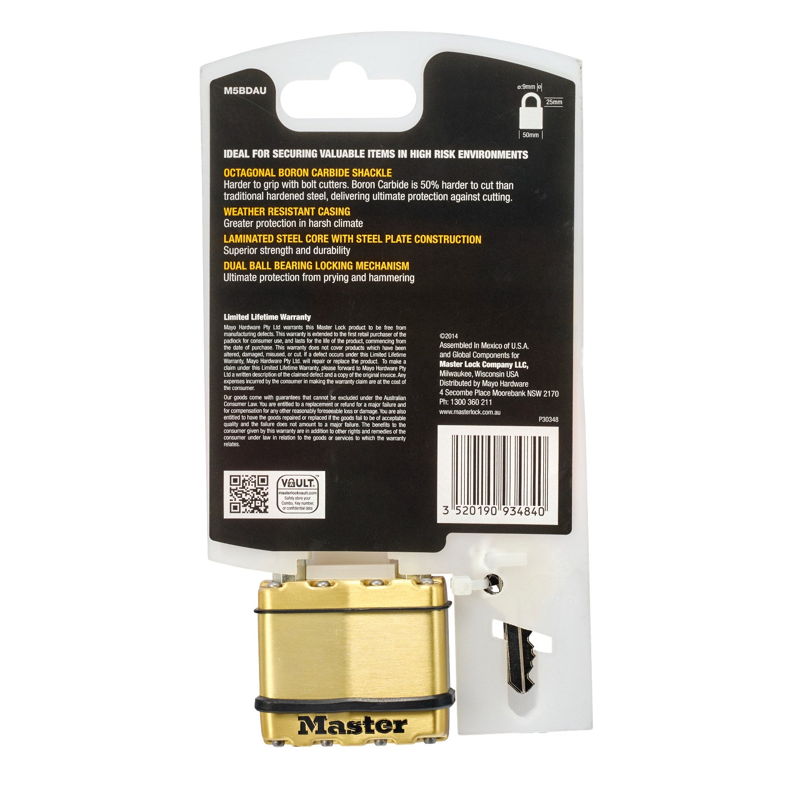 Master Lock 50mm Excell Padlock - Laminated Steel, Octagonal Boron Shackle