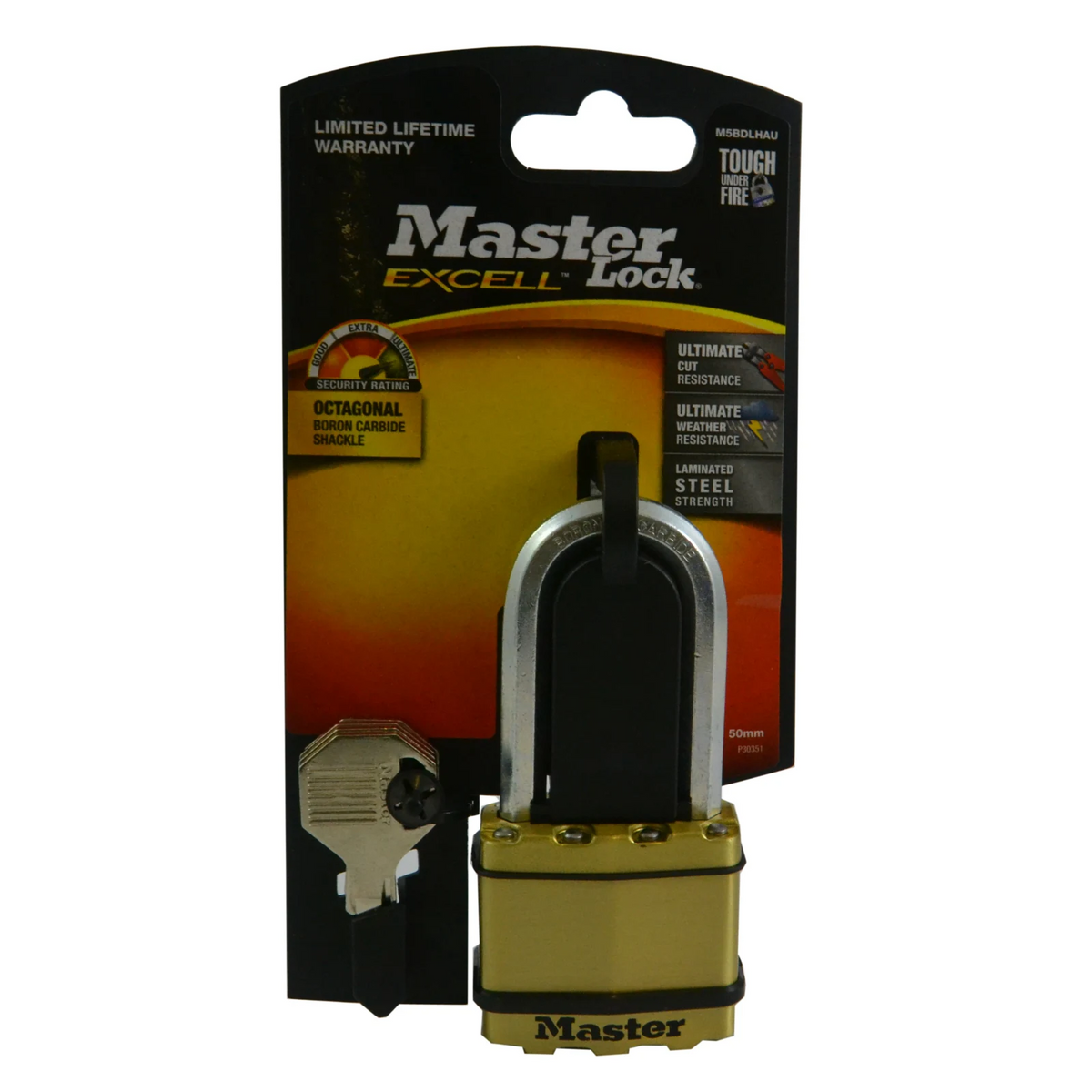 Master Lock 50mm Excell Long Shackle Padlock - Laminated Steel, 51mm Clearance