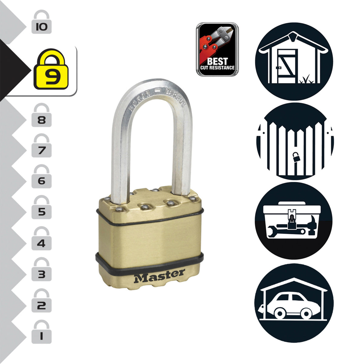 Master Lock 50mm Excell Long Shackle Padlock - Laminated Steel, 51mm Clearance