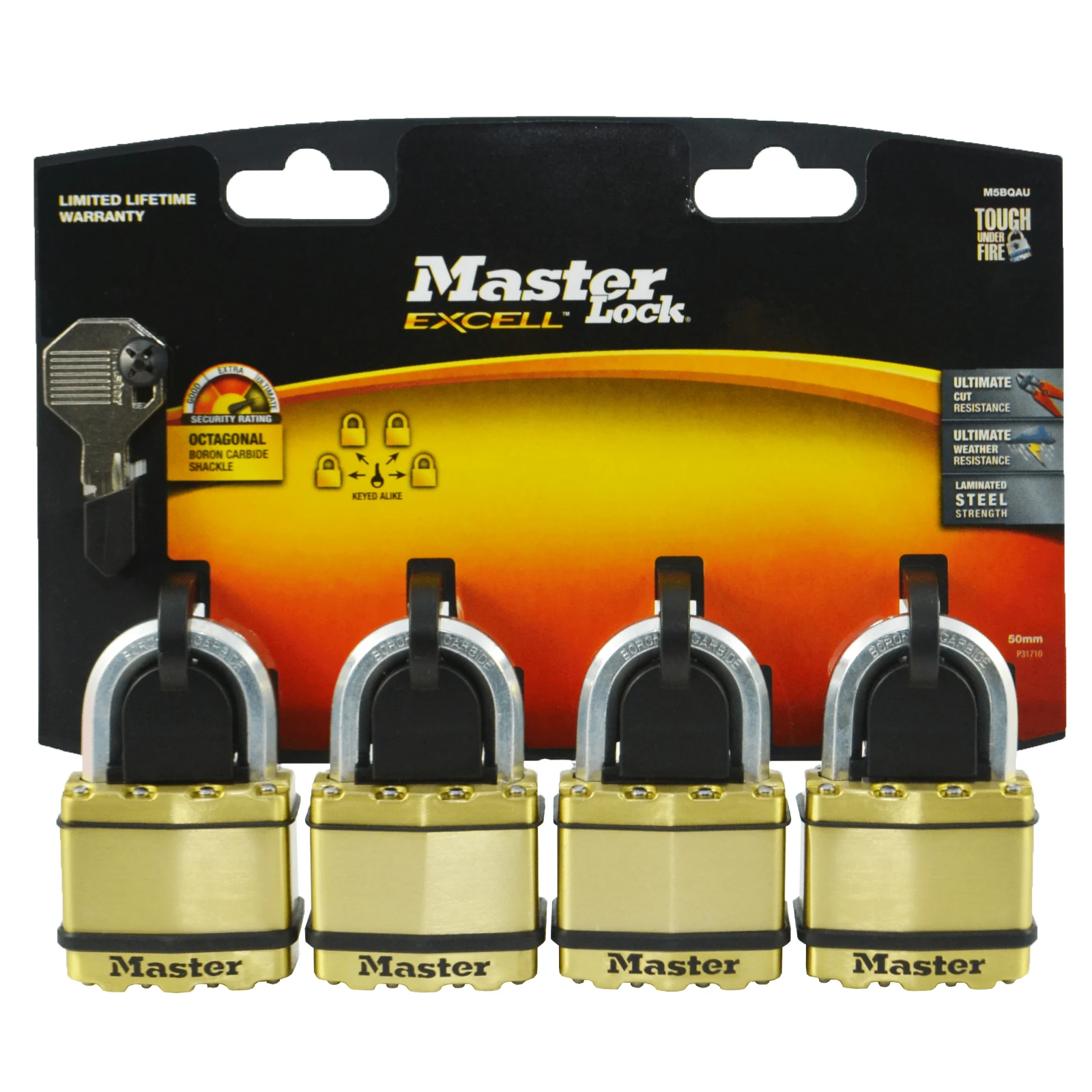 Master Lock 50mm Excell Padlock 4 Pack Laminated Steel Boron-Carbide Shackle