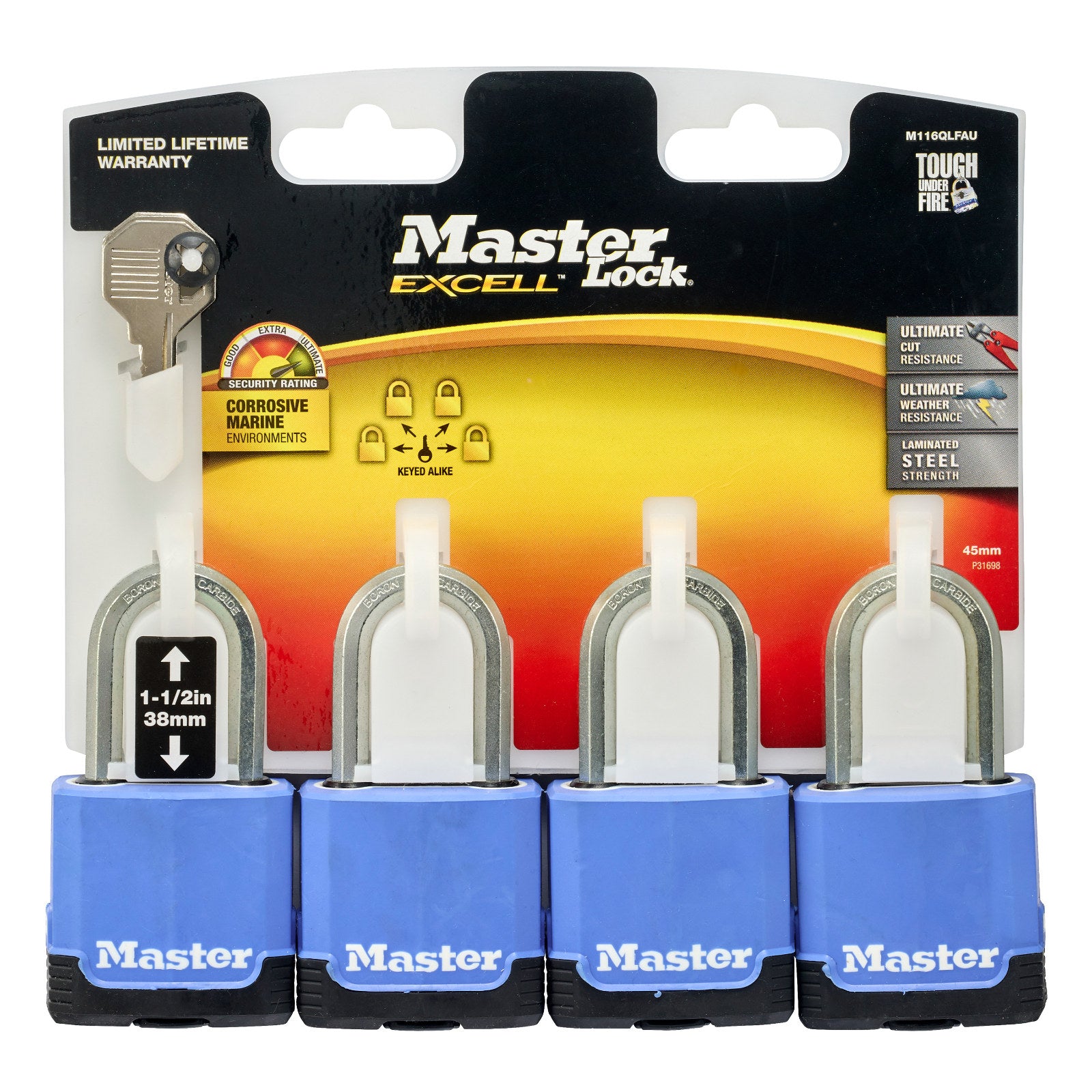 Master Lock 45mm Excell Covered Padlock 4 Pack Laminated Steel Boron-Carbide