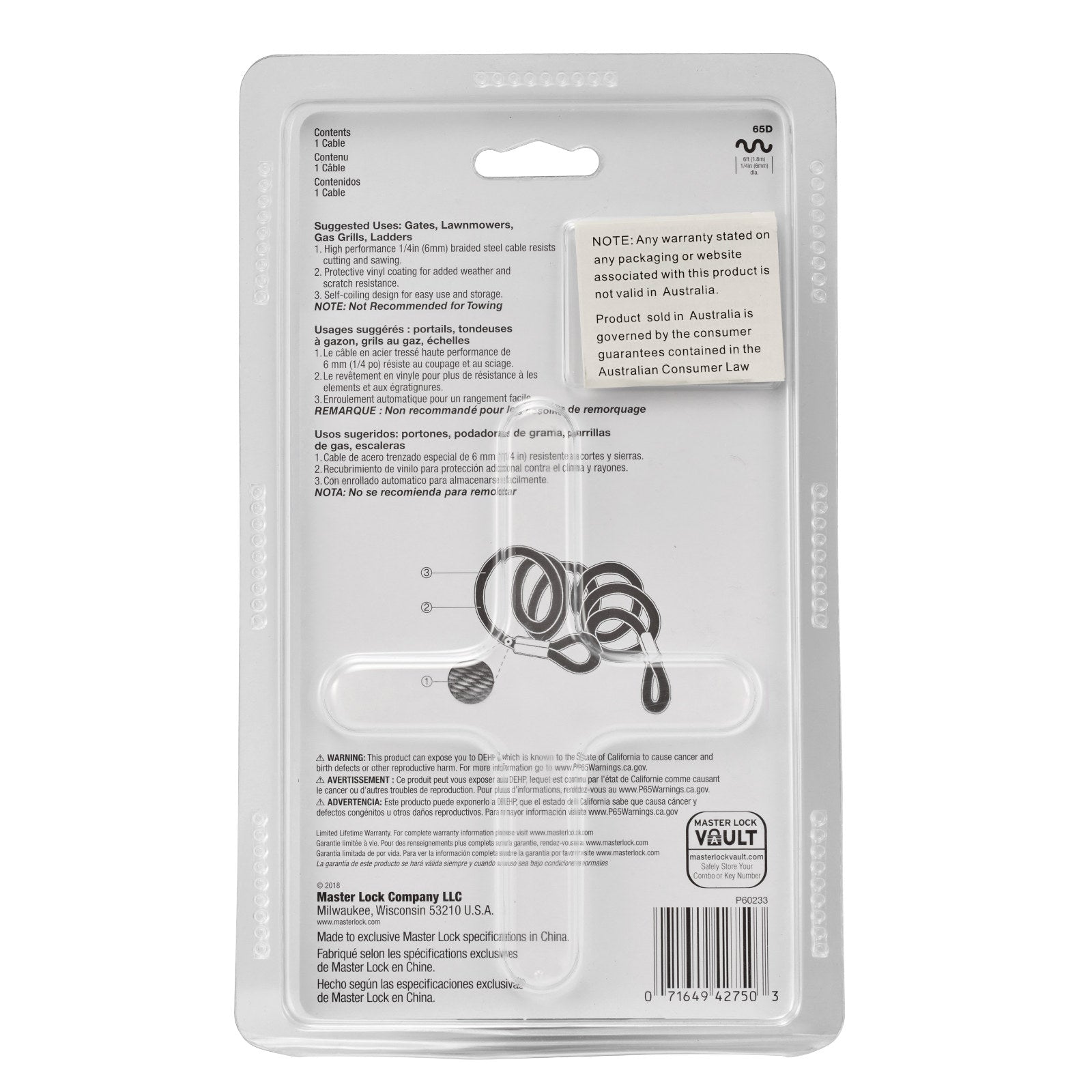 Master Lock 6mm x 1.8m Looped Self-Coiling Cable, Vinyl-Coated Braided Steel
