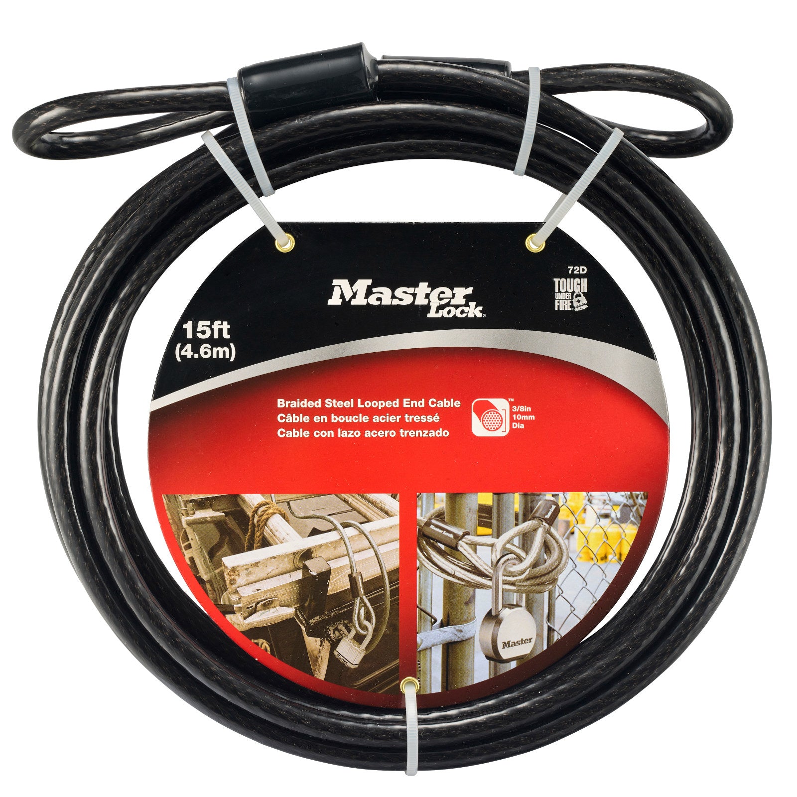 Master Lock 10mm x 4.6m Loop-Ended Braided Steel Cable, Vinyl-Coated, Black