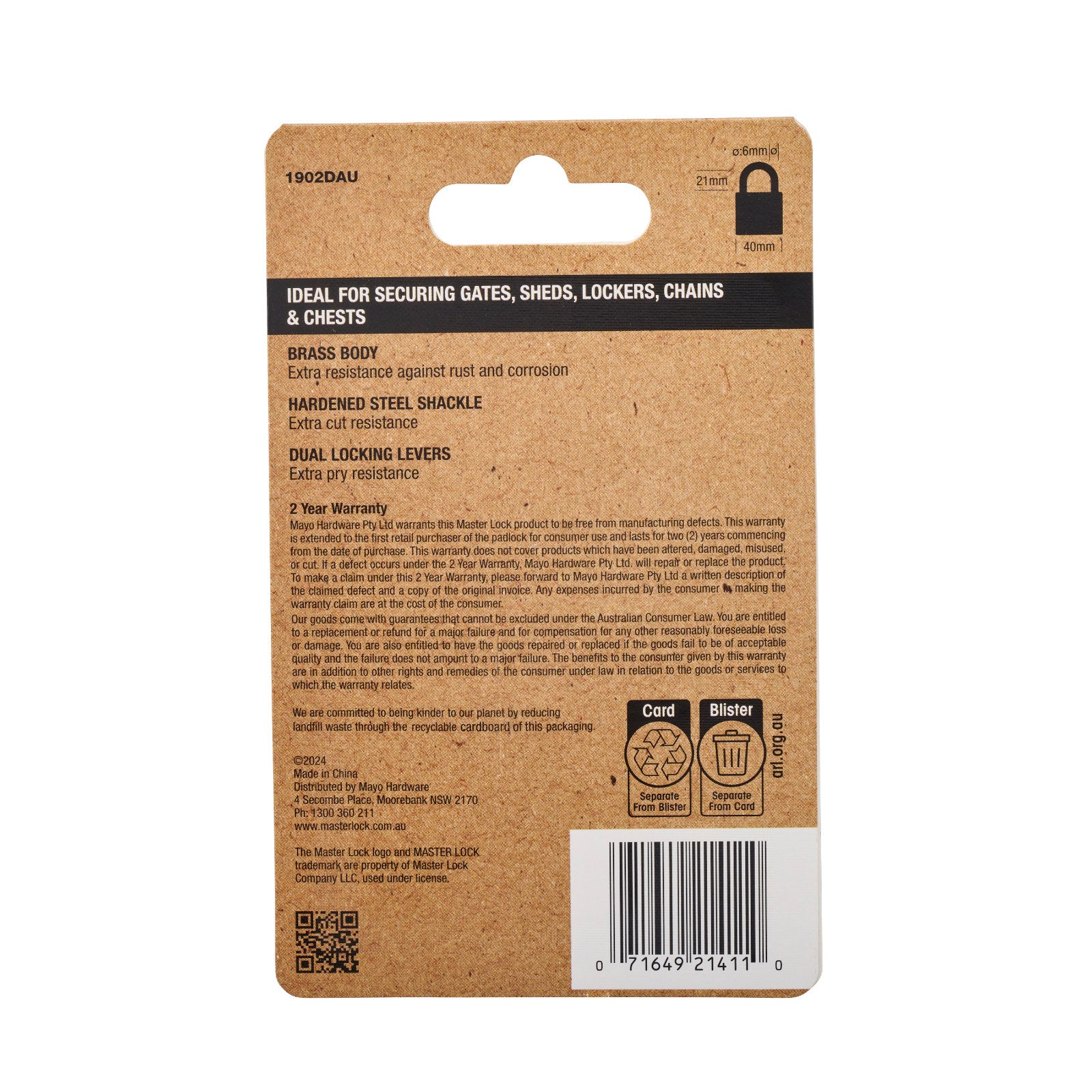 Master Lock 40mm Solid Brass Keyed Padlock, Hardened Steel Shackle, Pin Cylinder