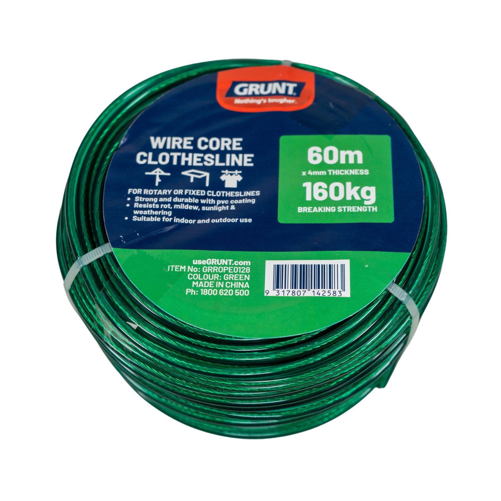 Grunt 4mm x 60m Green Clothesline Wire, PVC Coated, 160kg Break Strength, Weather Resistant