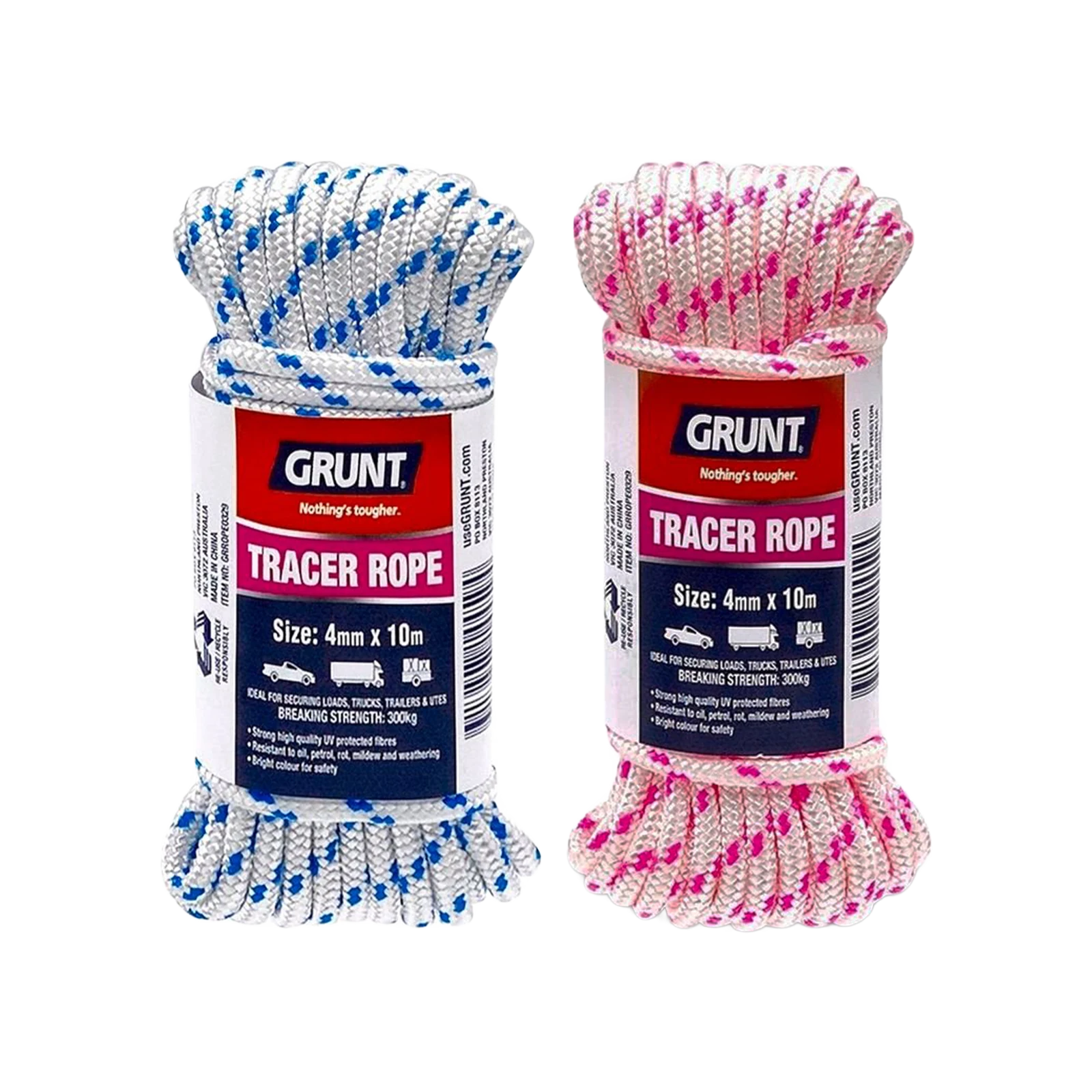Grunt 4mm x 10m White Braided Polypropylene Tracer Rope 300kg
