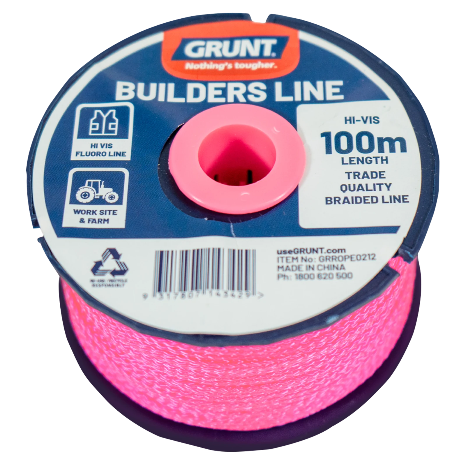 Grunt 100m Fluorescent Builders Line, High-Visibility Braided Nylon, Weather Resistant