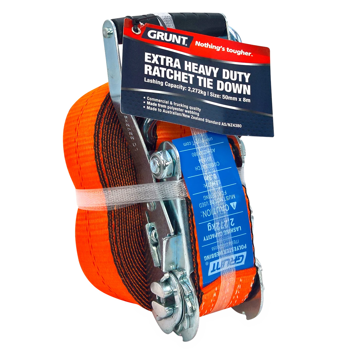 Grunt 50mm x 8m Ratchet Tie Down, Orange Polyester Webbing