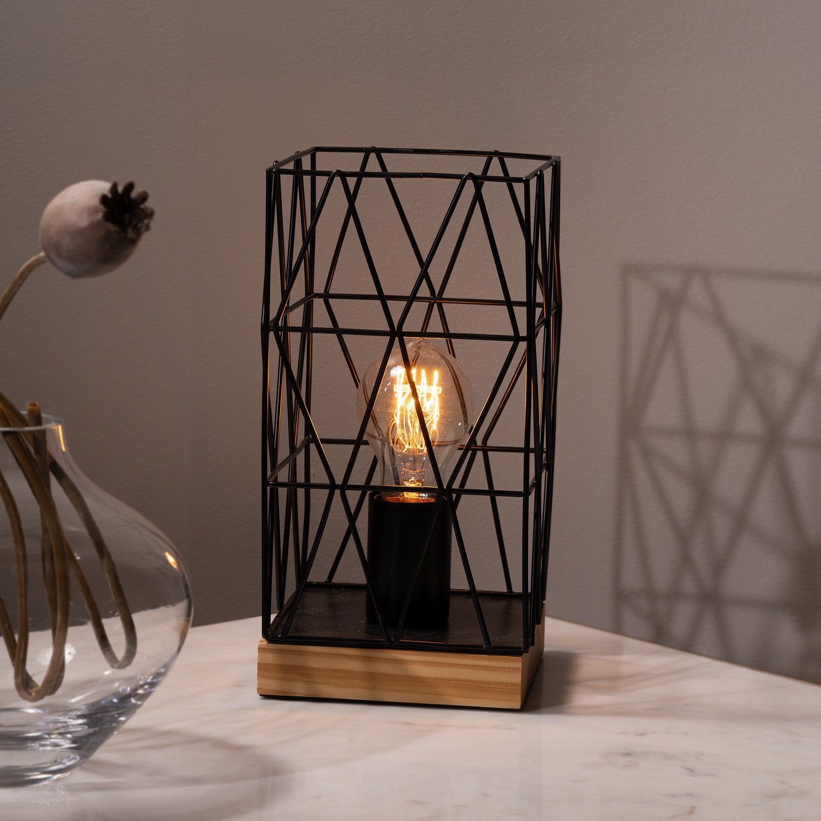 Verve Design Zavier Table Lamp, Black Metal & Wood, E27 40W, Square Shade ATL855BK