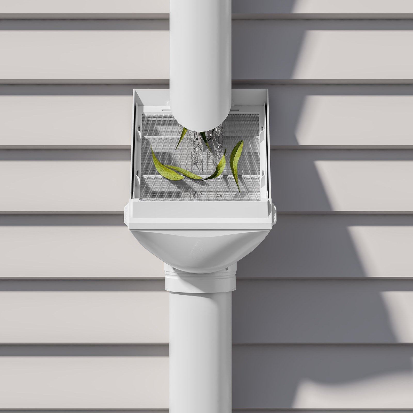 Rain Harvesting 90mm Leaf Beater Rain Head, White UPVC with Stainless Steel Mesh