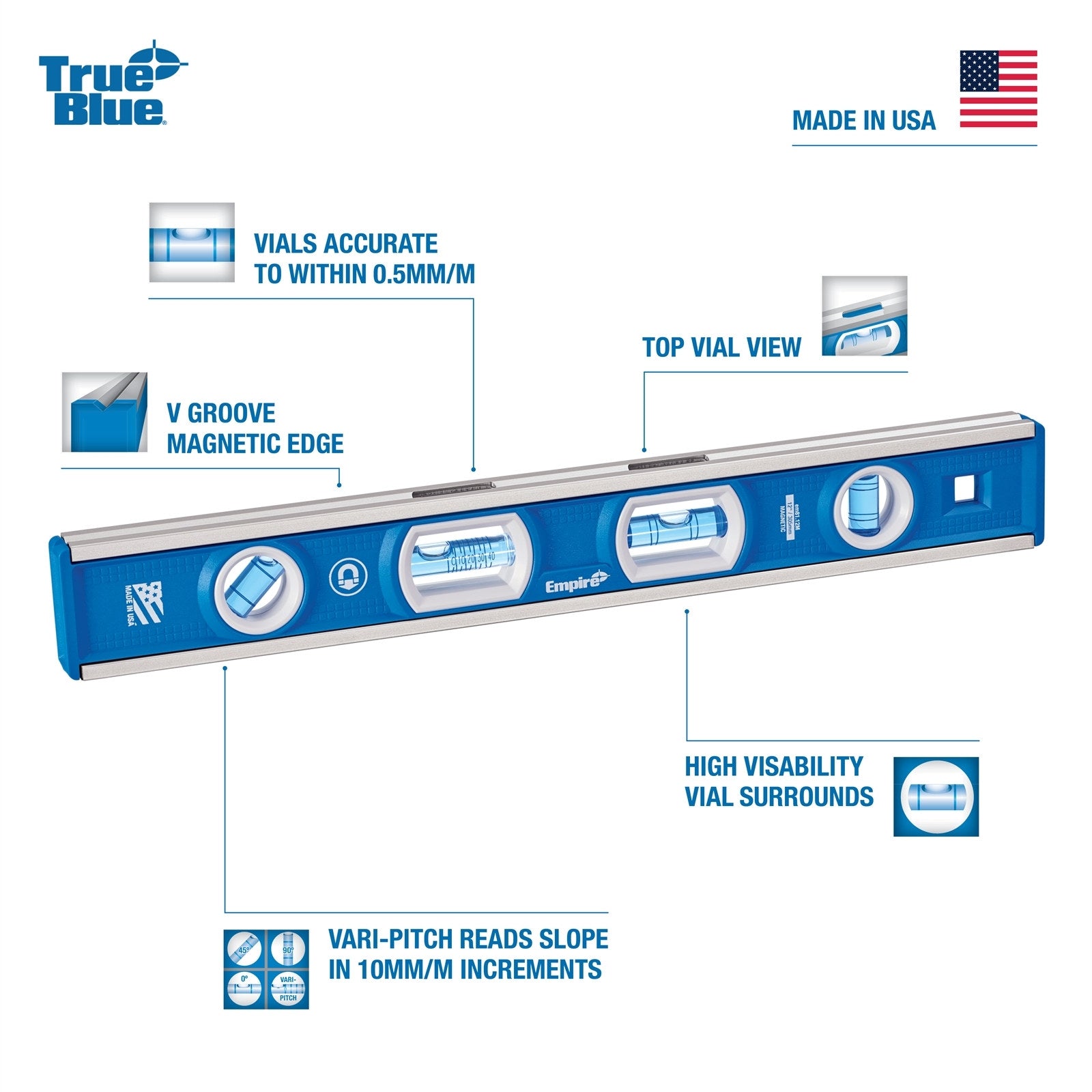 Empire 305mm Magnetic Aluminium Torpedo Level 4 Vials Waterproof