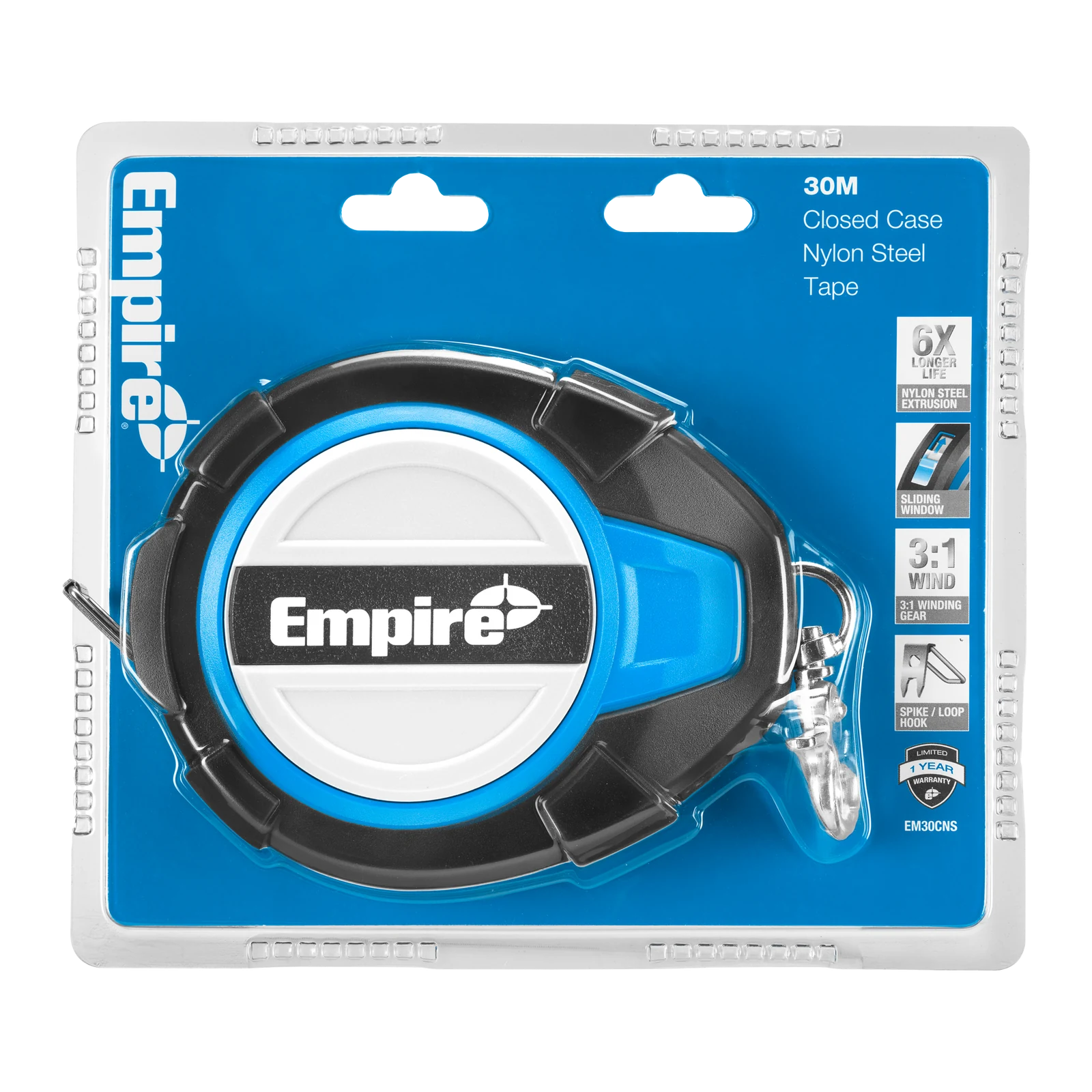 Empire 30m Closed Case Long Steel Tape Measure, Belt Clip, Metric Graduations