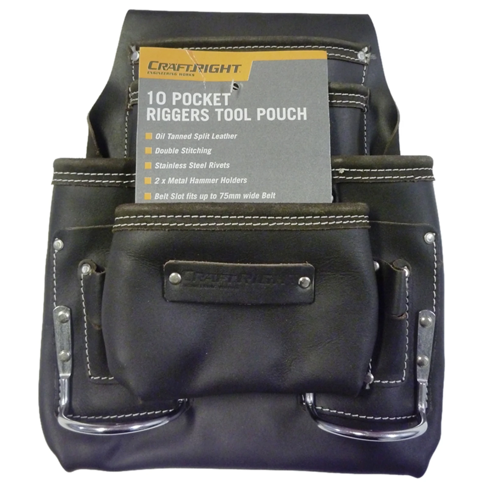Craftright 10 Pocket Riggers Tool Pouch Belt, Dark Tan Leather, with Tape Holder