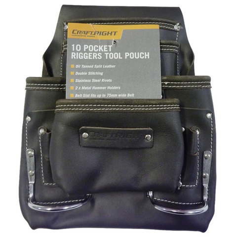 Craftright 10 Pocket Riggers Tool Pouch Belt, Dark Tan Leather, with Tape Holder