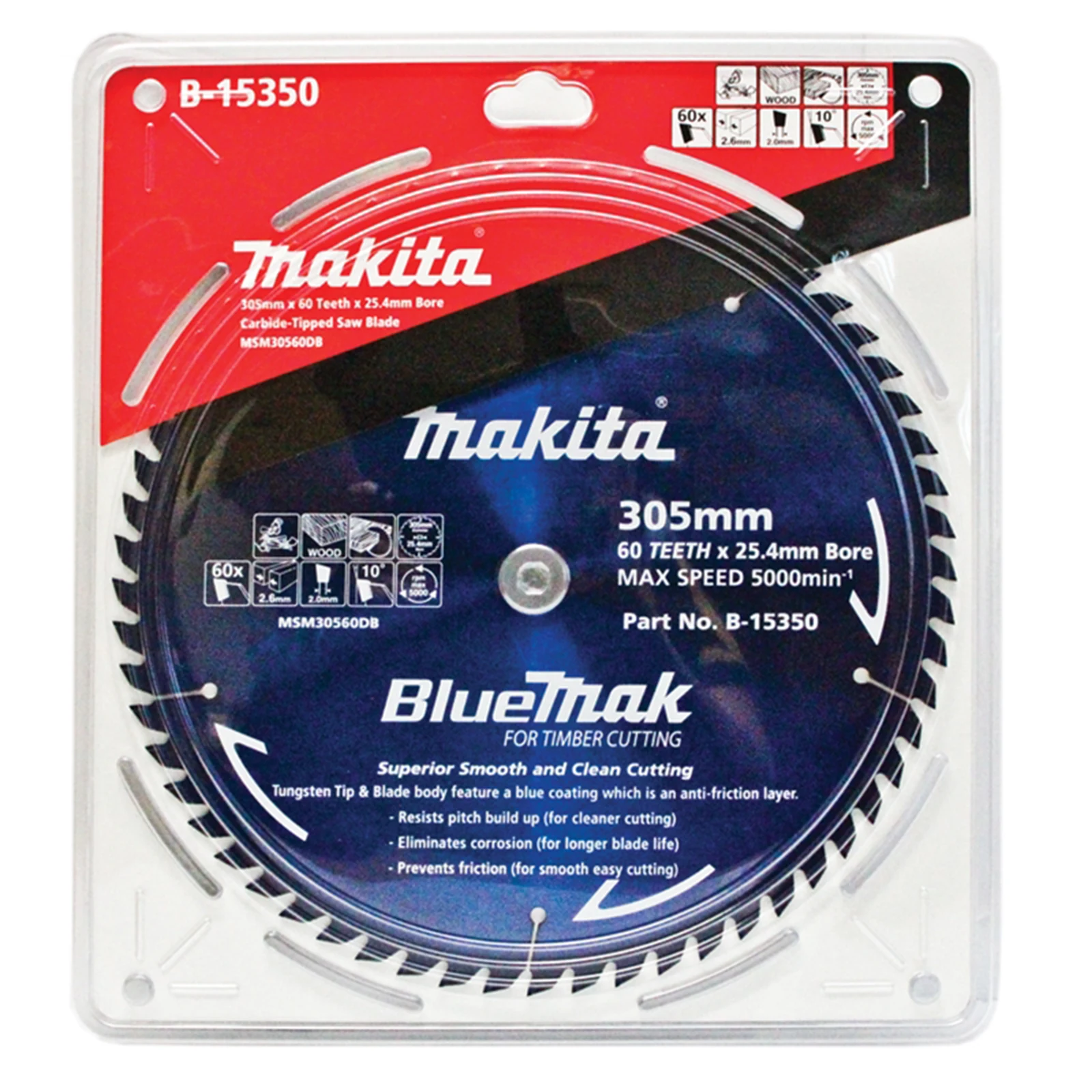 Makita 305mm 60T BlueMak TCT Mitre Saw Blade, Fine Finish, Timber Cutting