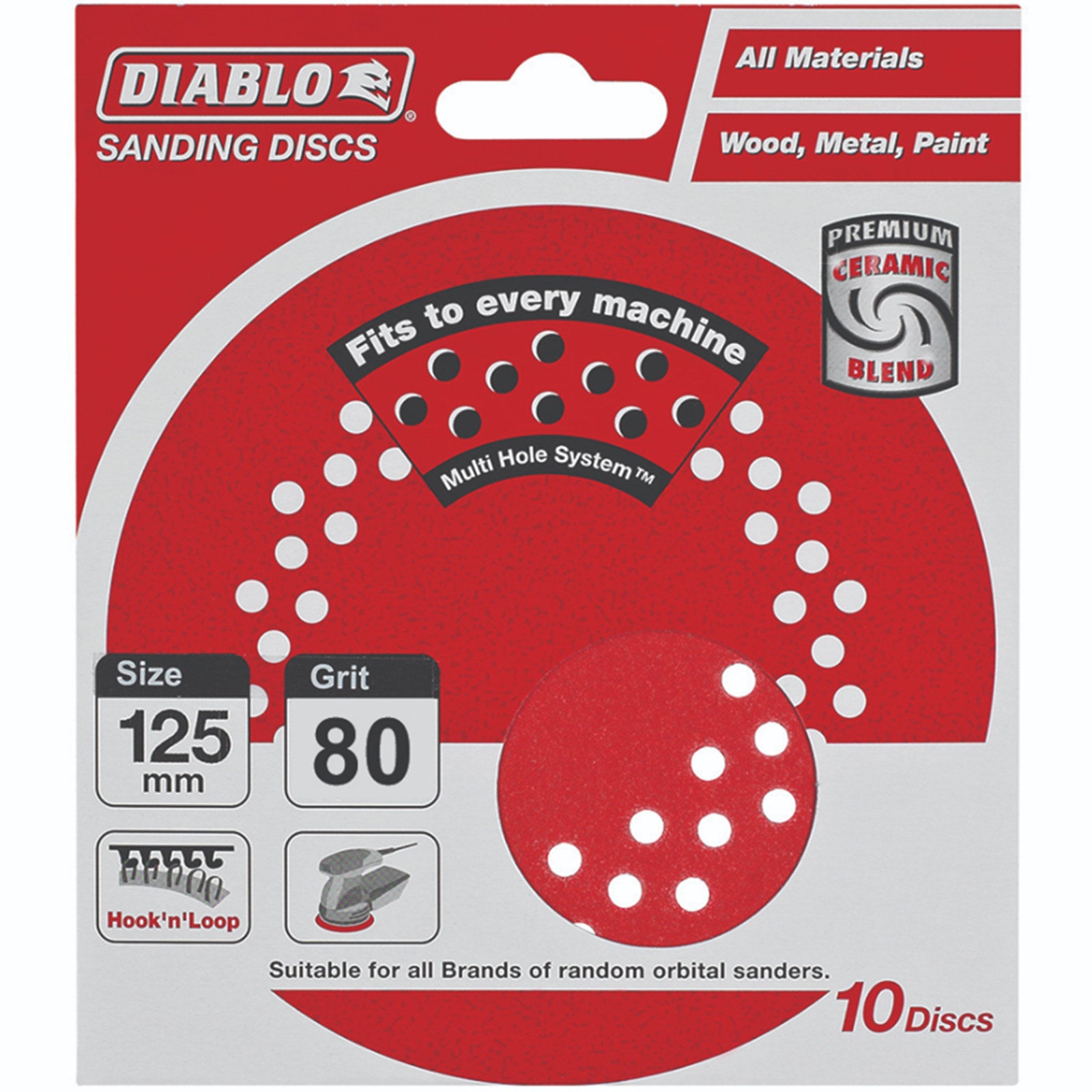 Diablo 125mm 80 Grit Hook & Loop Random Orbital Sanding Discs, Ceramic Blend, 10 Pack