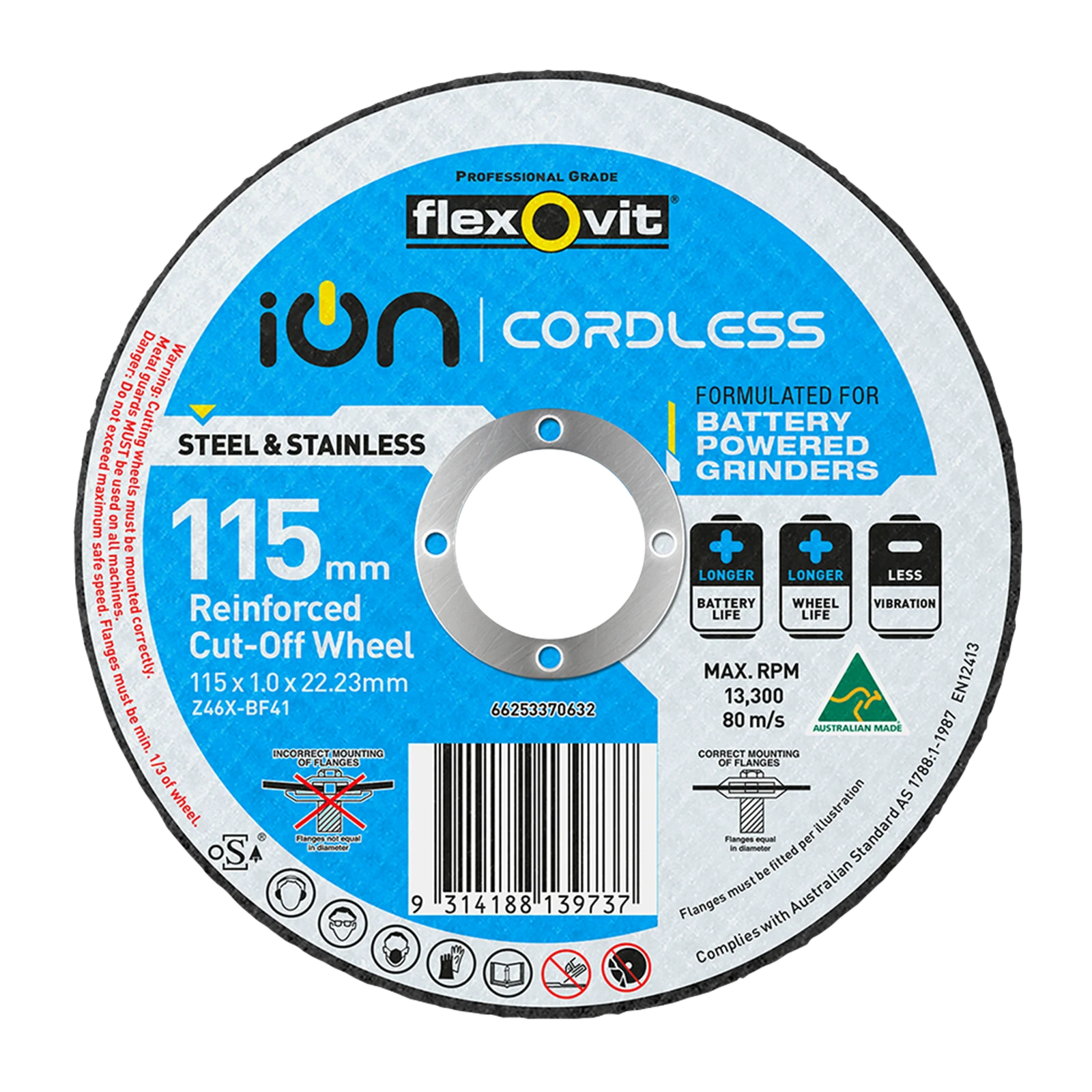 Flexovit 115 x 1 x 22.2mm Ion Cordless Reinforced Cut Off Wheel - Zirconia