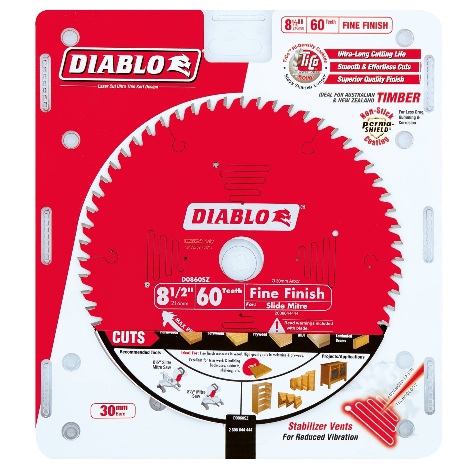 Diablo 216mm 60T Fine Finish Circular Saw Blade - 30mm Arbor for Cabinets & Furniture