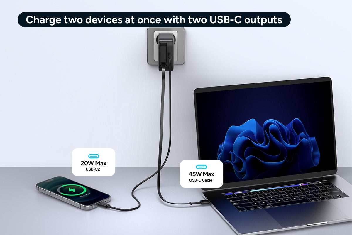 Kogan 65W 2-Port GaN Super Fast PD Wall Charger with Retractable USB-C Cable