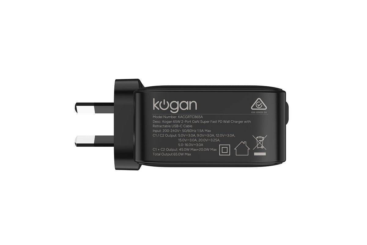 Kogan 65W 2-Port GaN Super Fast PD Wall Charger with Retractable USB-C Cable