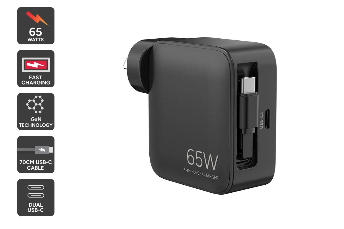 Kogan 65W 2-Port GaN Super Fast PD Wall Charger with Retractable USB-C Cable