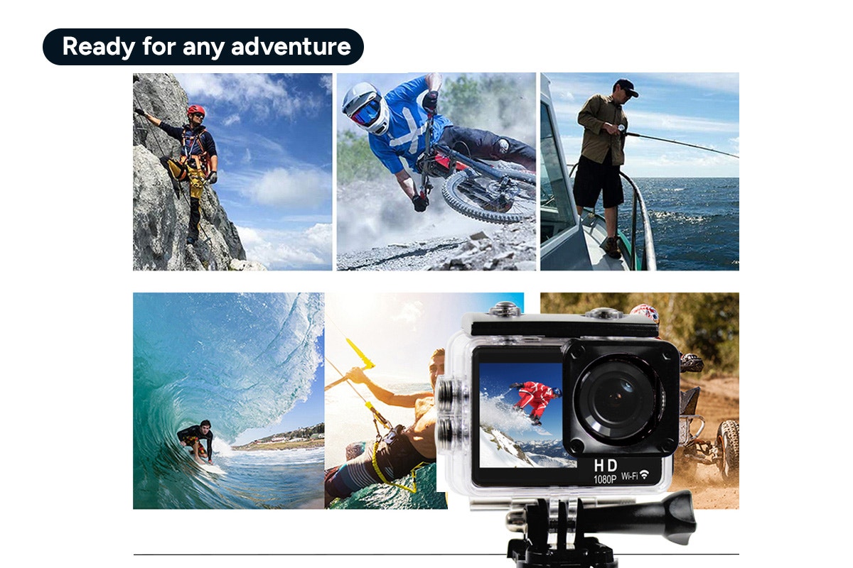 Kogan Dual Screen 1080P Wi-Fi Action Camera with Waterproof Case