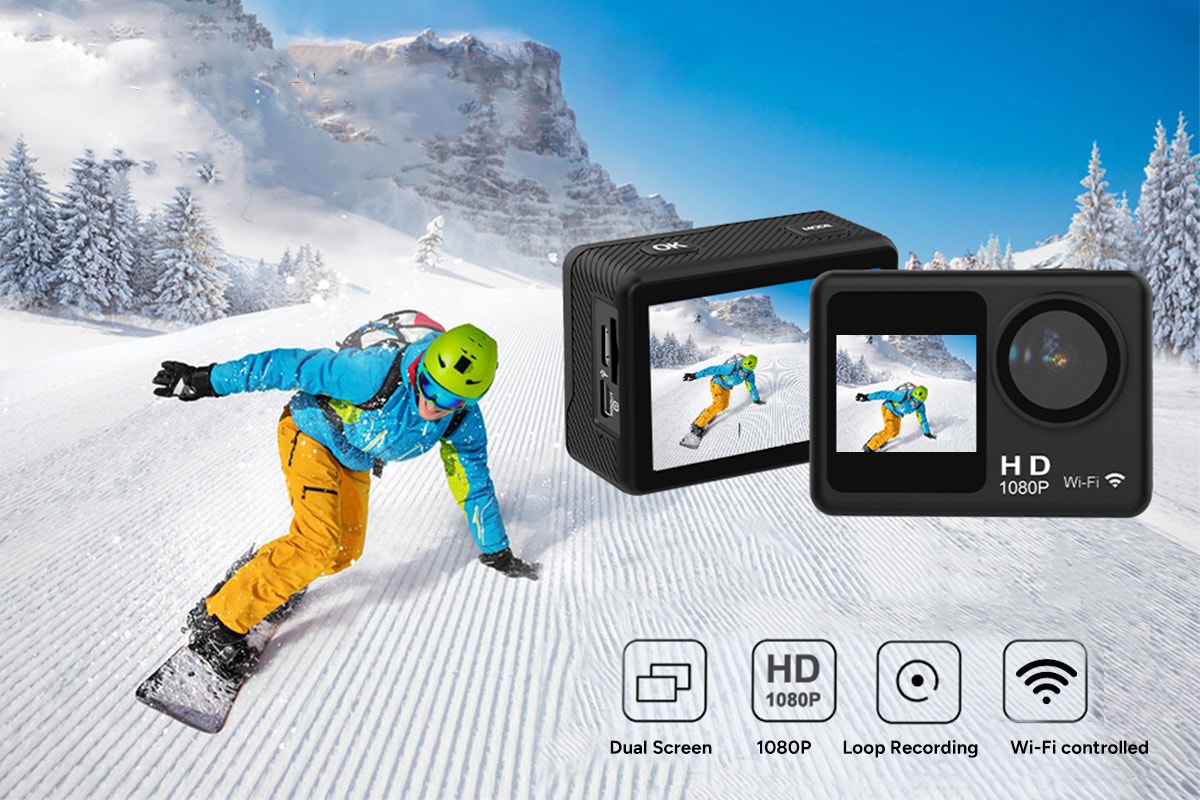 Kogan Dual Screen 1080P Wi-Fi Action Camera with Waterproof Case