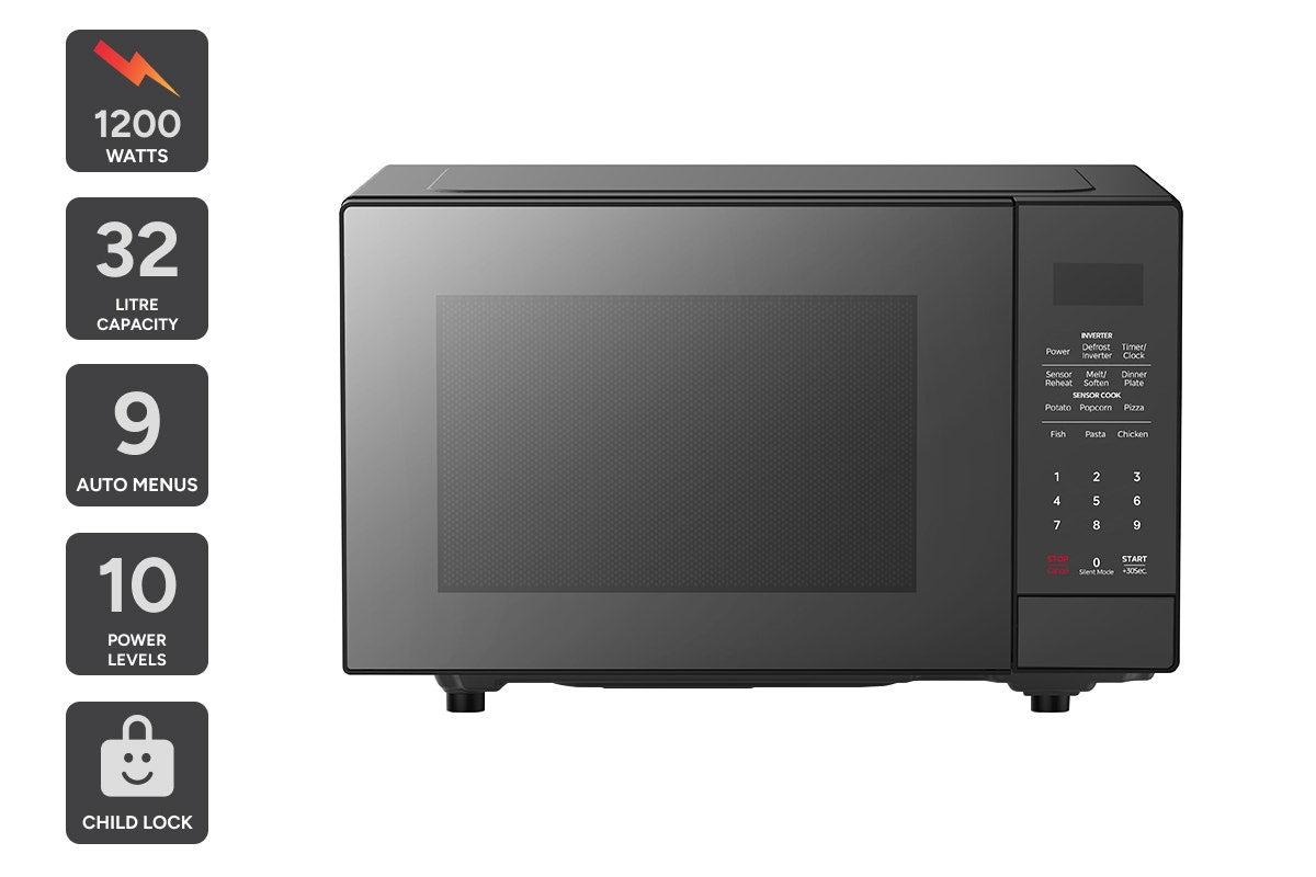 Kogan 32L Inverter Flatbed Microwave with Mirror Finish (Black)