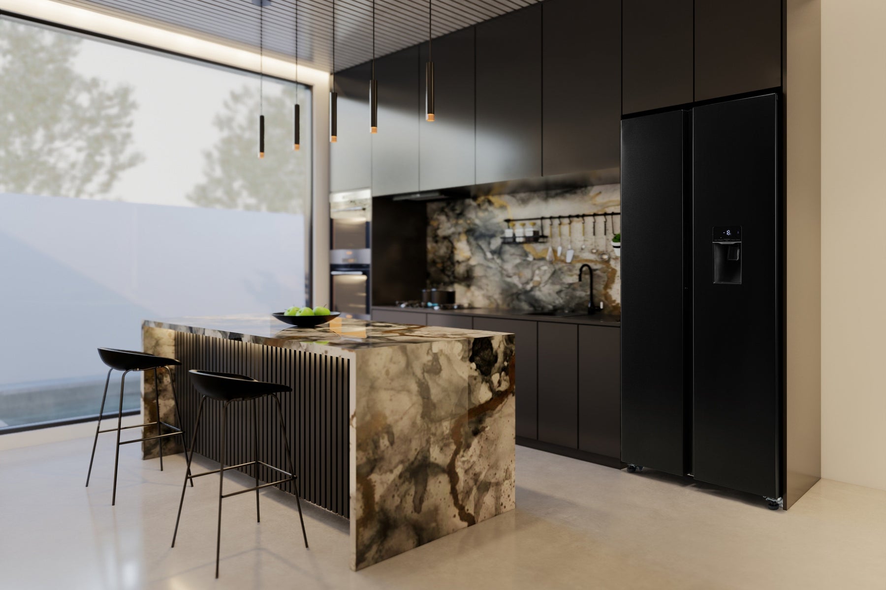 Kogan 592L Side by Side Fridge with Water Dispenser - Black Stainless Steel)