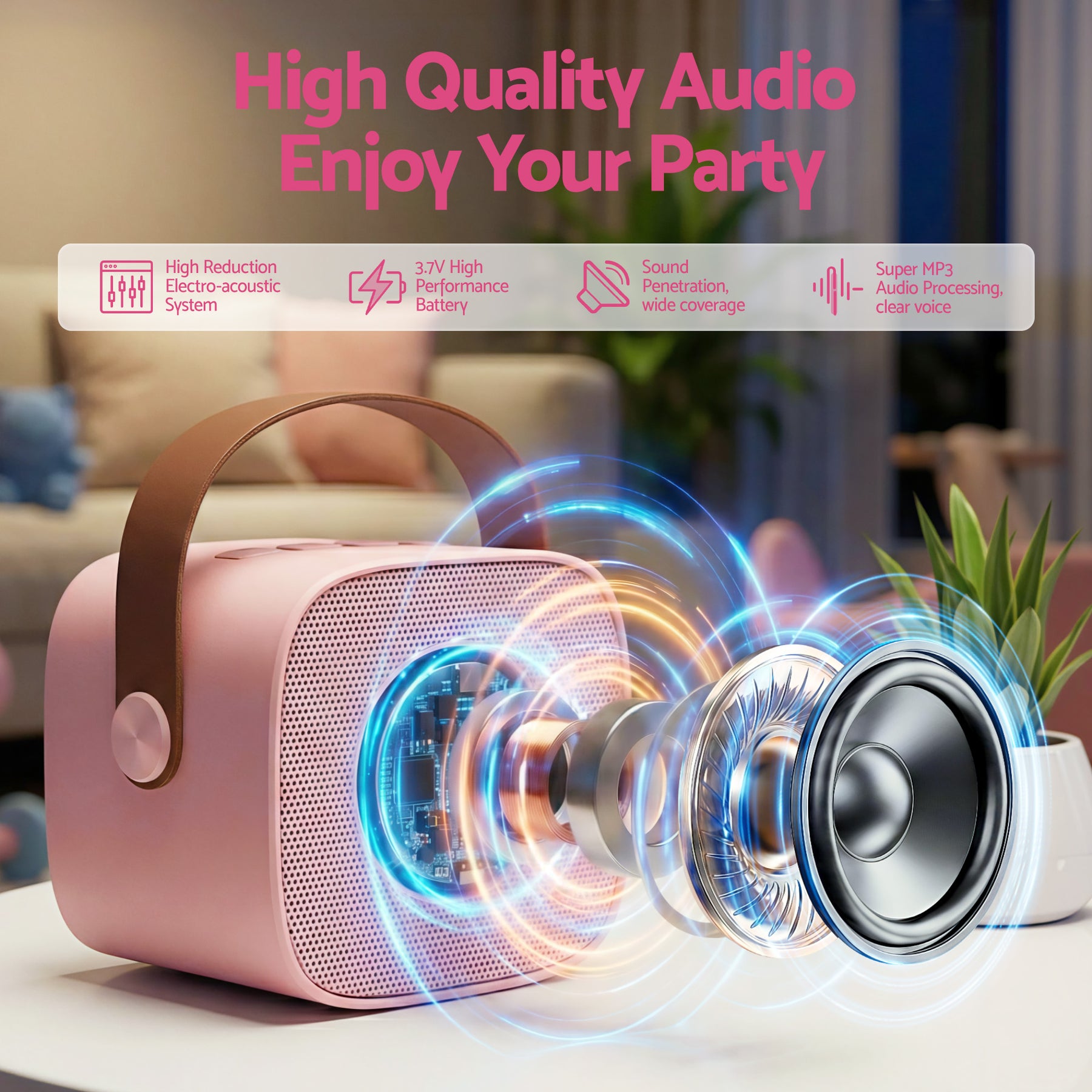 Alpha Mini Portable Karaoke Machine with 2 Wireless Microphones - Pink