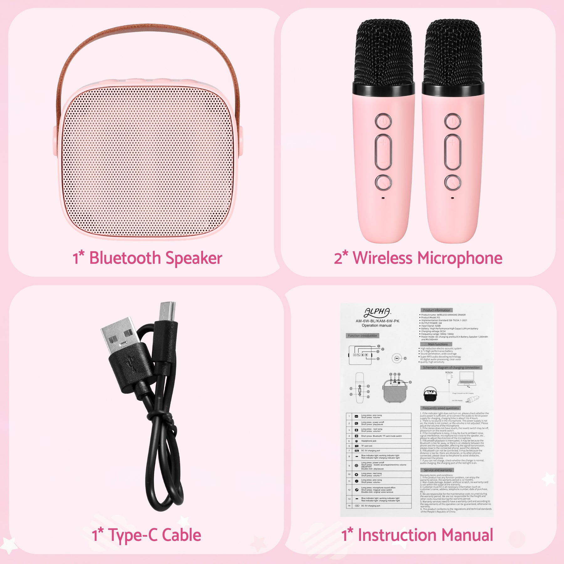 Alpha Mini Portable Karaoke Machine with 2 Wireless Microphones - Pink