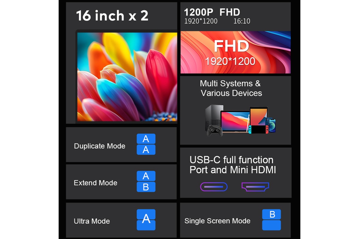 Kogan XPRESSO 16" FHD+ Stackable Dual Screen USB-C Portable Monitor (1920 x 1080)