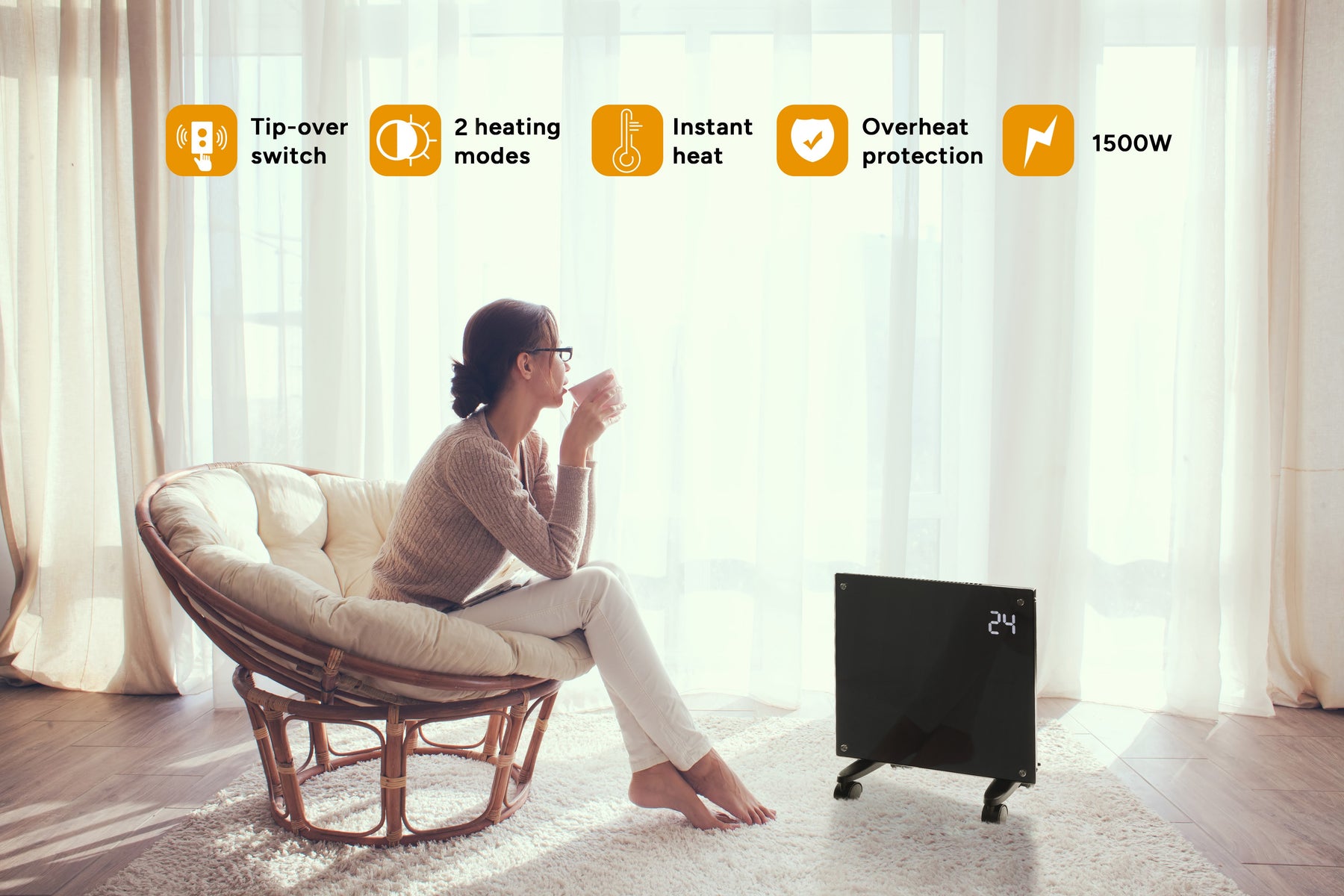 Kogan SmarterHome™ 1500W Premium Glass Panel Heater (Black)