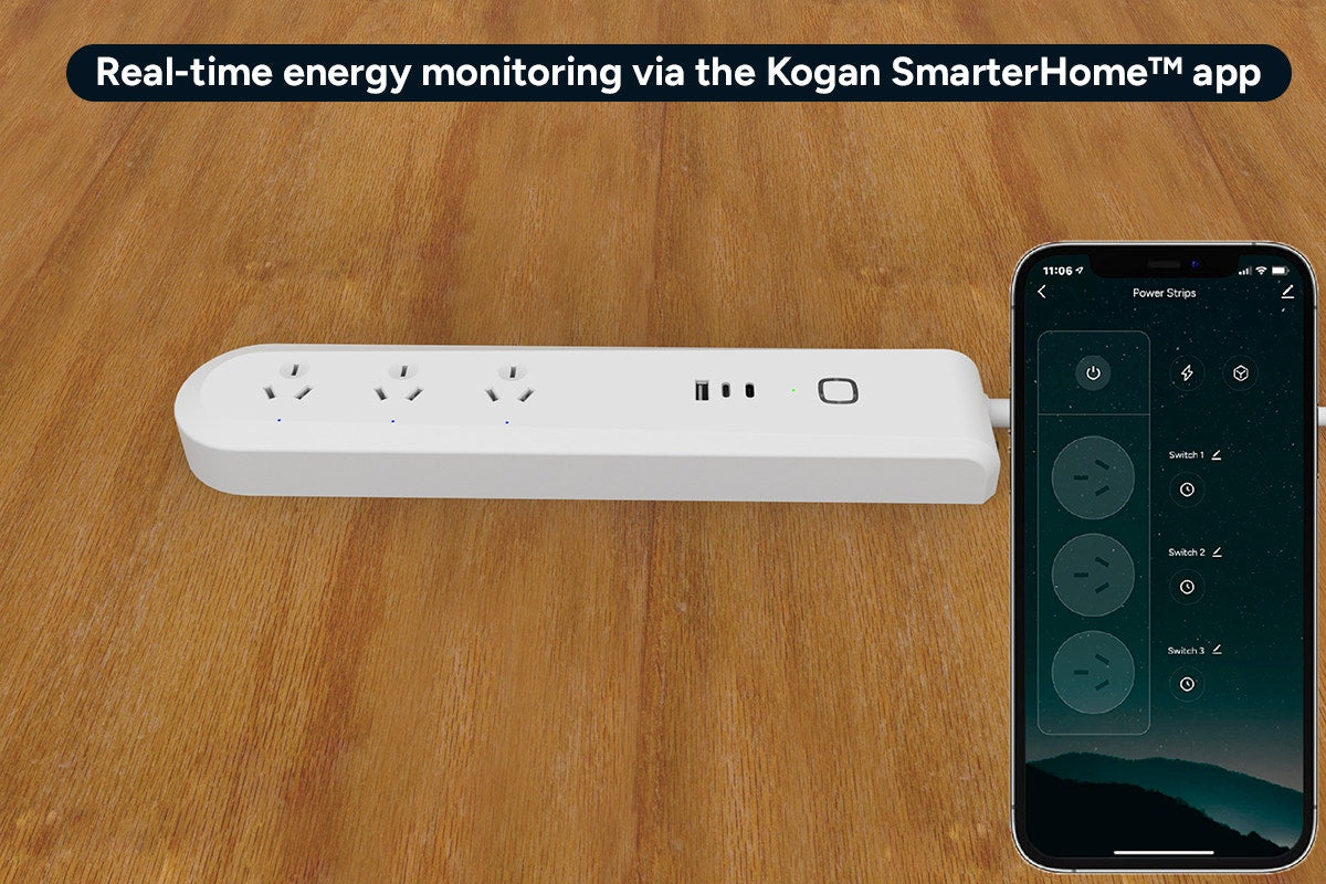 Kogan SmarterHome™ 30W PD Smart Power Board with Energy Metre (3 Outlets & 2 USB-C Ports)