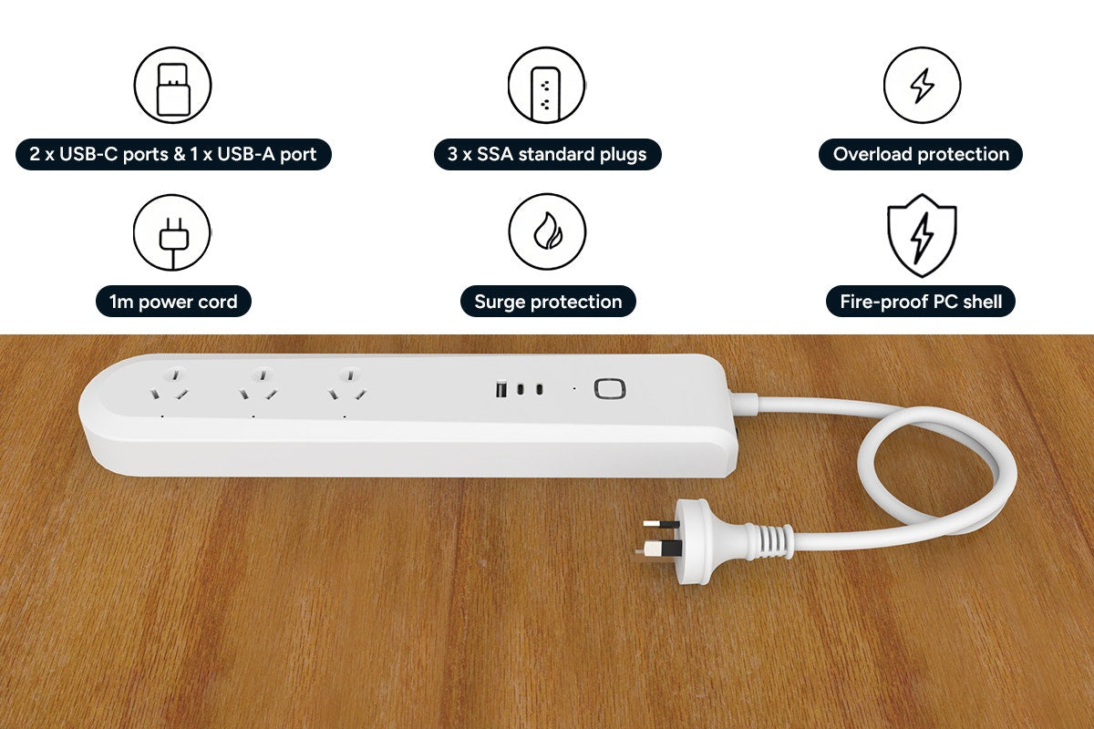 Kogan SmarterHome™ 30W PD Smart Power Board with Energy Metre (3 Outlets & 2 USB-C Ports)