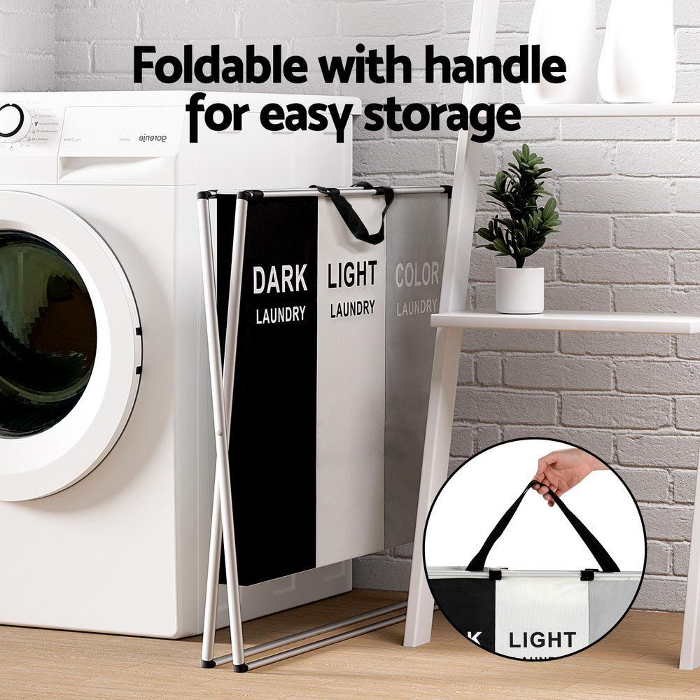 Artiss Laundry Basket Hamper 3 Sections Large Foldable Storage 64.5cmx37cmx58cm - SuperSaverAU - view 5