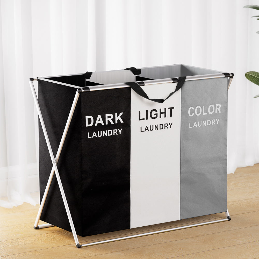 Artiss Laundry Basket Hamper 3 Sections Large Foldable Storage 64.5cmx37cmx58cm - SuperSaverAU - view 7