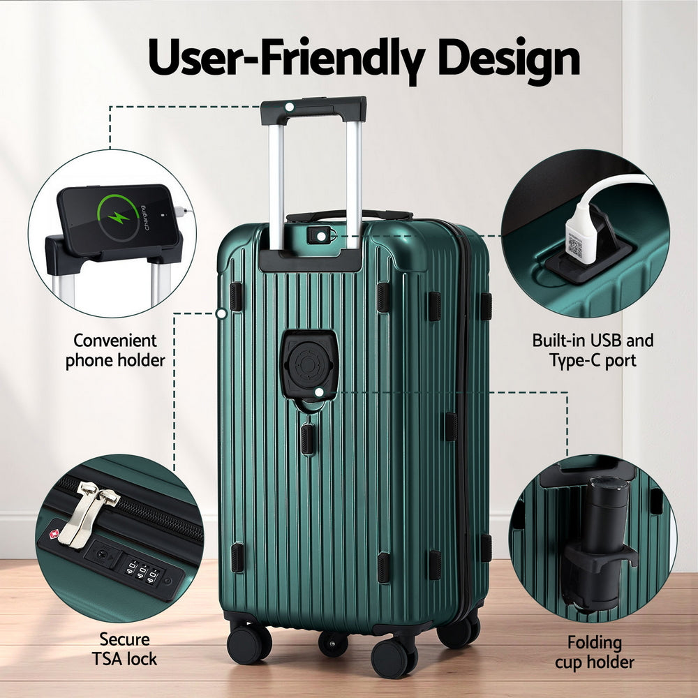 Wanderlite 28 Inch Trunk Suitcase – Green with Type-C Port & TSA Lock