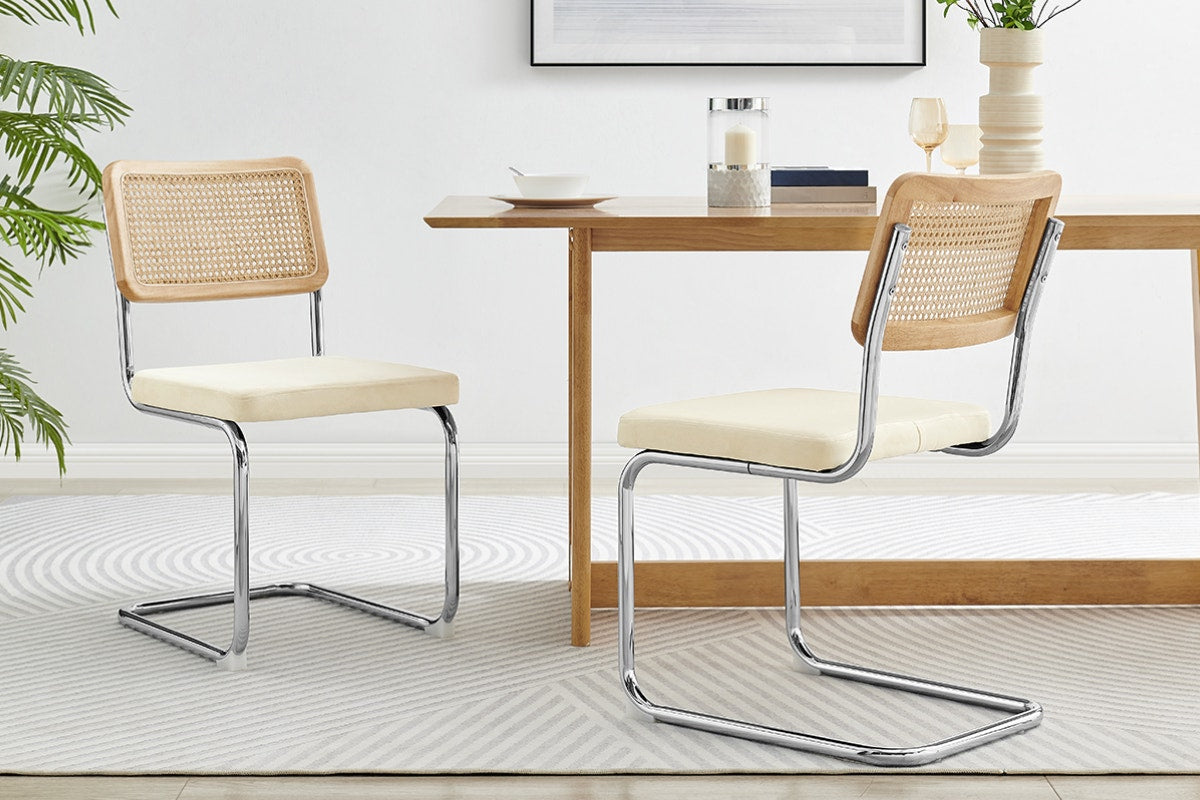 Set of 2 Matt Blatt Marcel Breuer Cesca Dining Chairs Replica (Rattan/Cream Velvet)