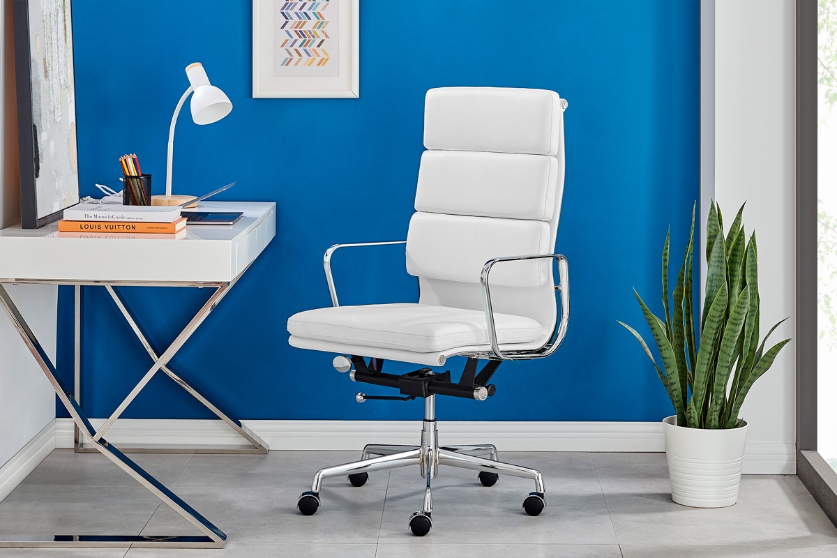 Matt Blatt Eames Premium Replica High Back Soft Pad Office Chair Genuine Leather (White/Chrome)