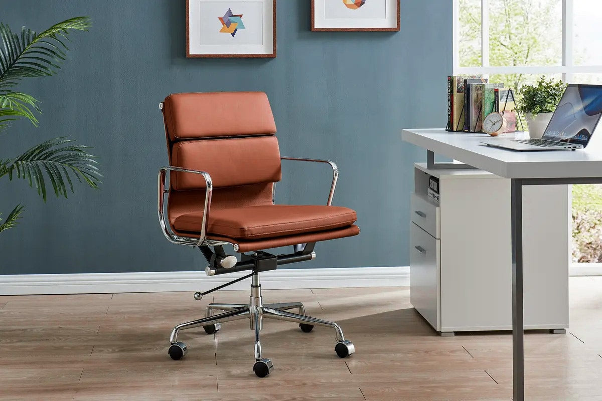 Matt Blatt Eames Premium Replica Low Back Soft Pad Office Chair Genuine Leather (Tan/Chrome)
