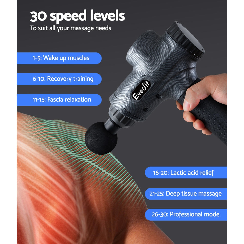 Everfit Massage Gun 30 Speed 6 Heads Vibration Muscle Massager Chargeable Grey - SuperSaverAU - view 6