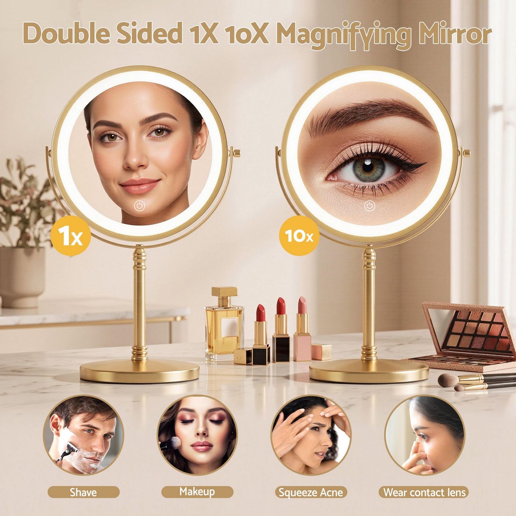 Embellir Gold Lighted Makeup Mirror 10X Magnifying Double Sided LED Rechargeable