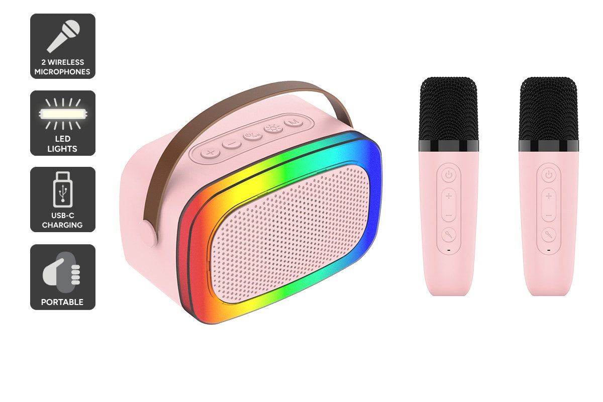 Mini Karaoke Machine with 2 Wireless Microphones (Pink)