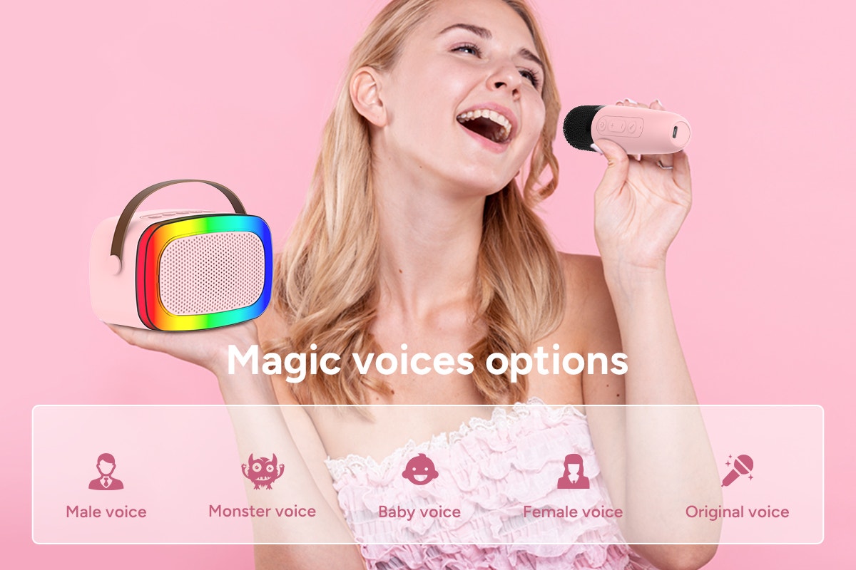 Mini Karaoke Machine with 2 Wireless Microphones (Pink)