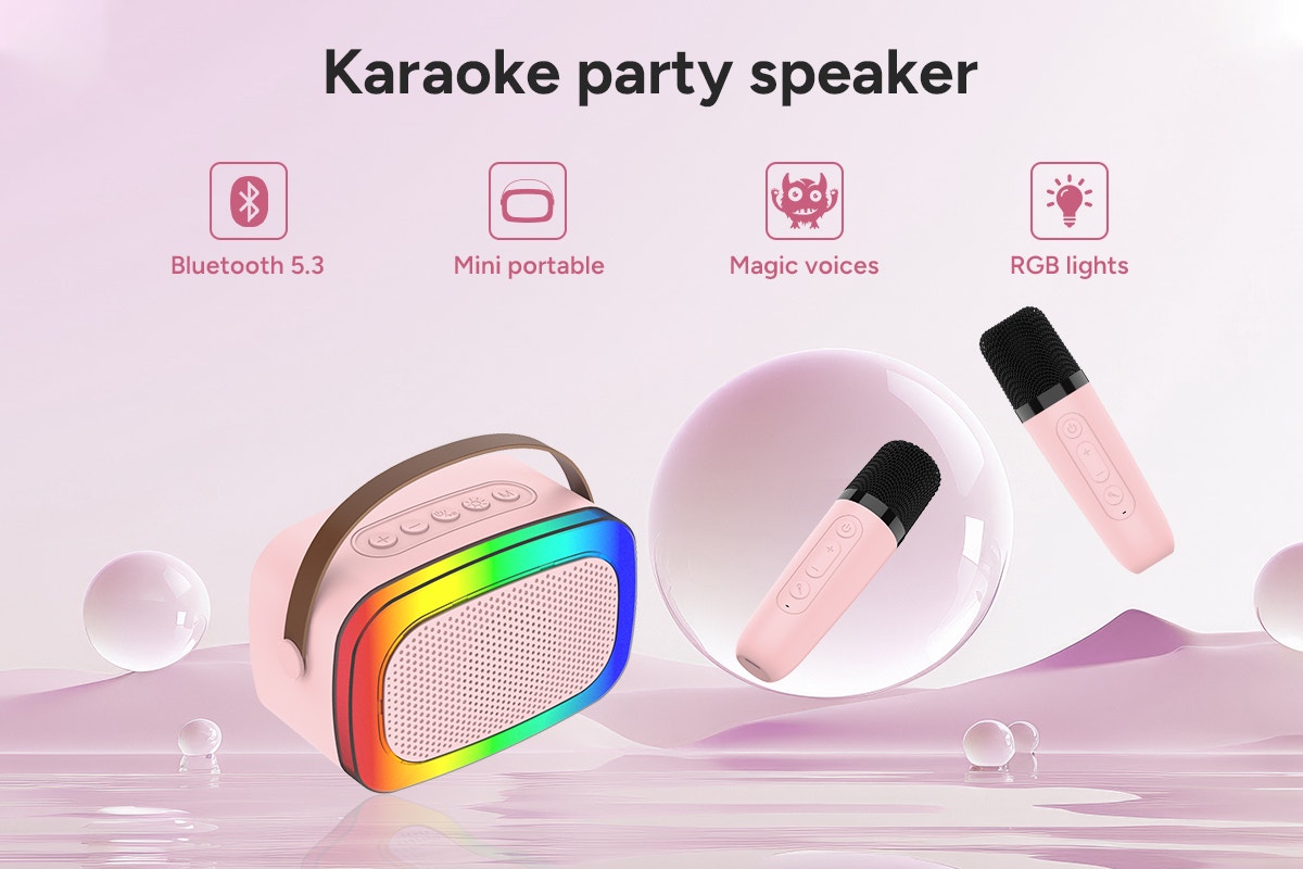 Mini Karaoke Machine with 2 Wireless Microphones (Pink)