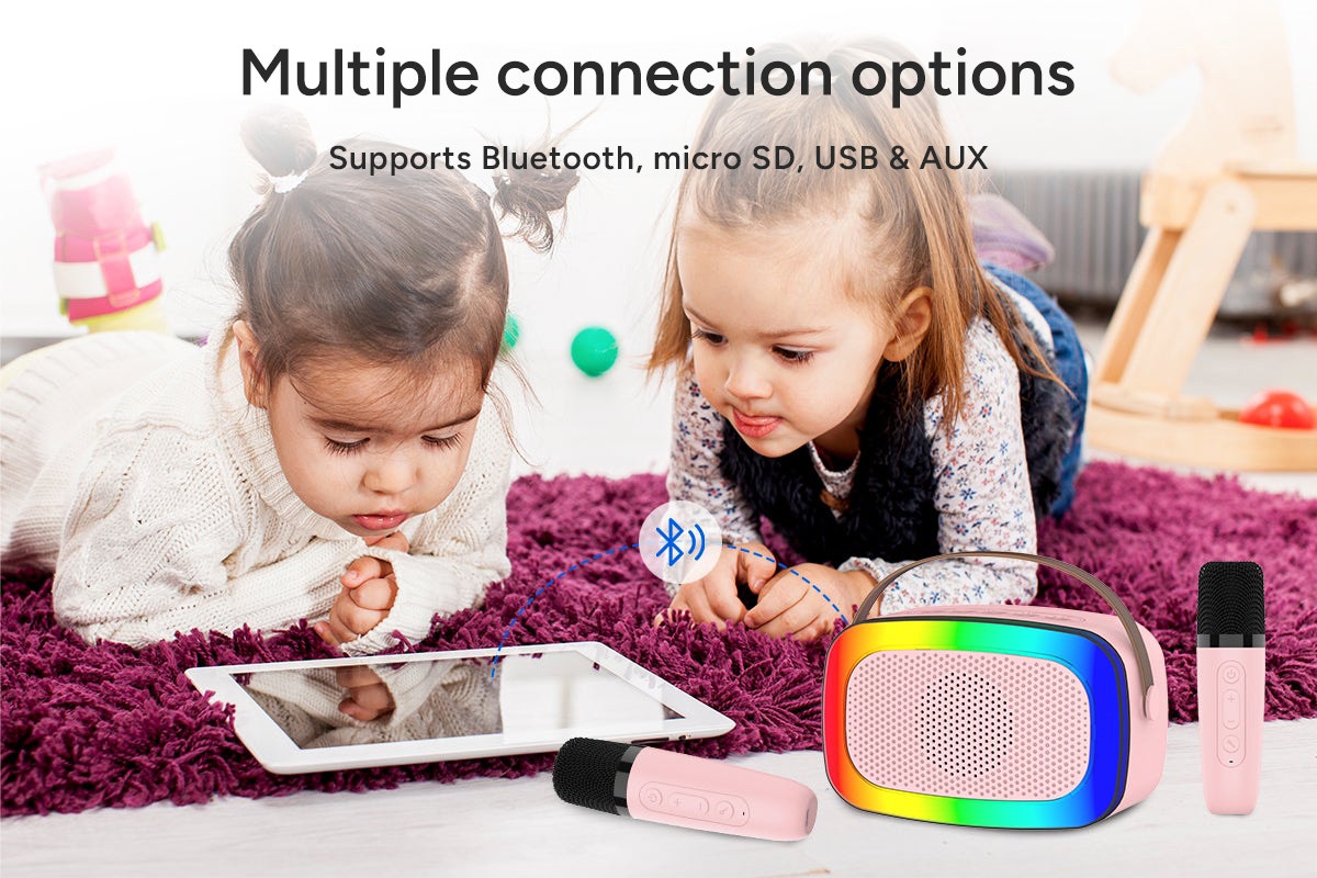 Mini Karaoke Machine with 2 Wireless Microphones (Pink)