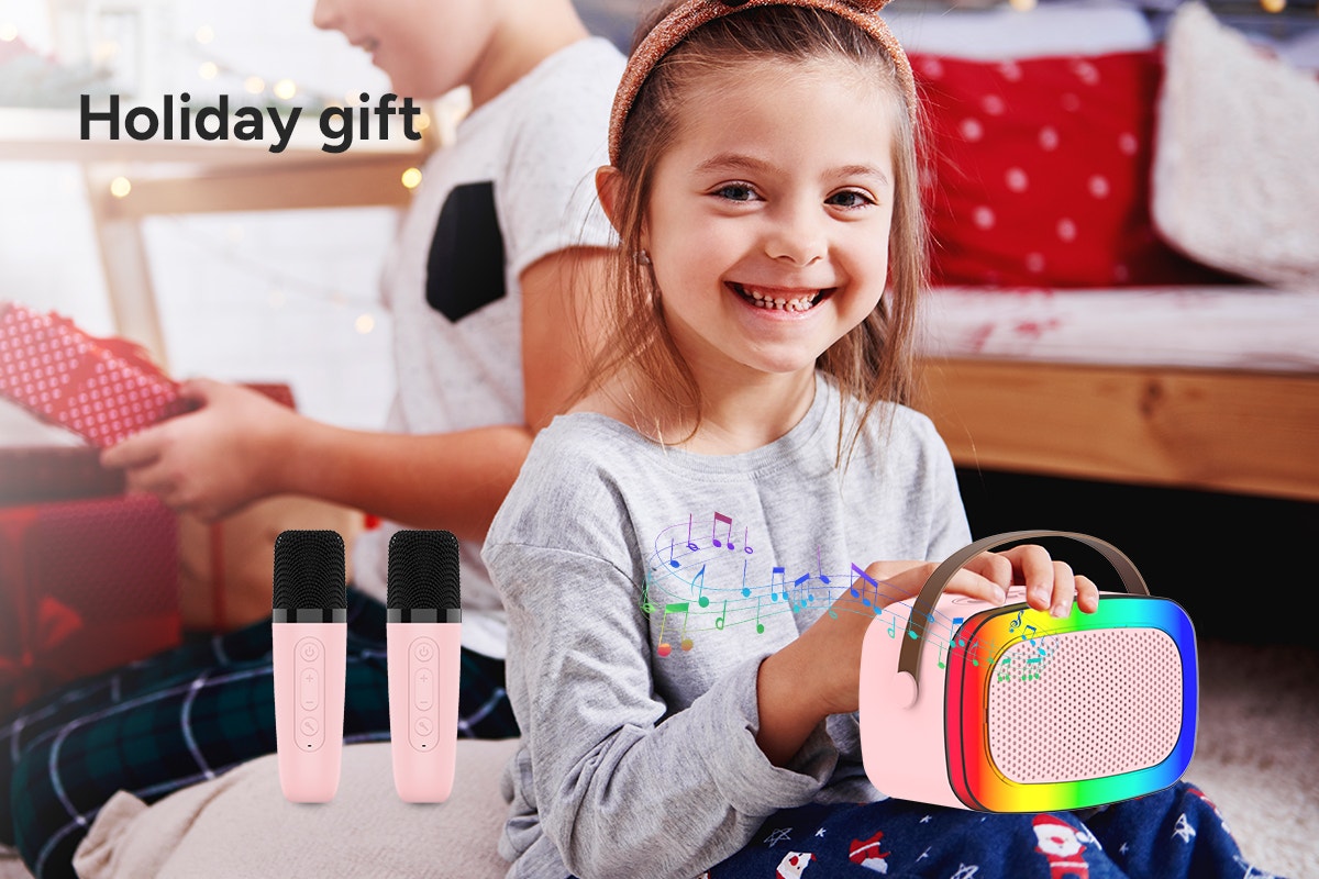 Mini Karaoke Machine with 2 Wireless Microphones (Pink)